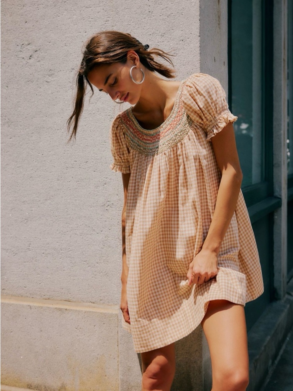 Smocked Gingham Mini Dress in Peach